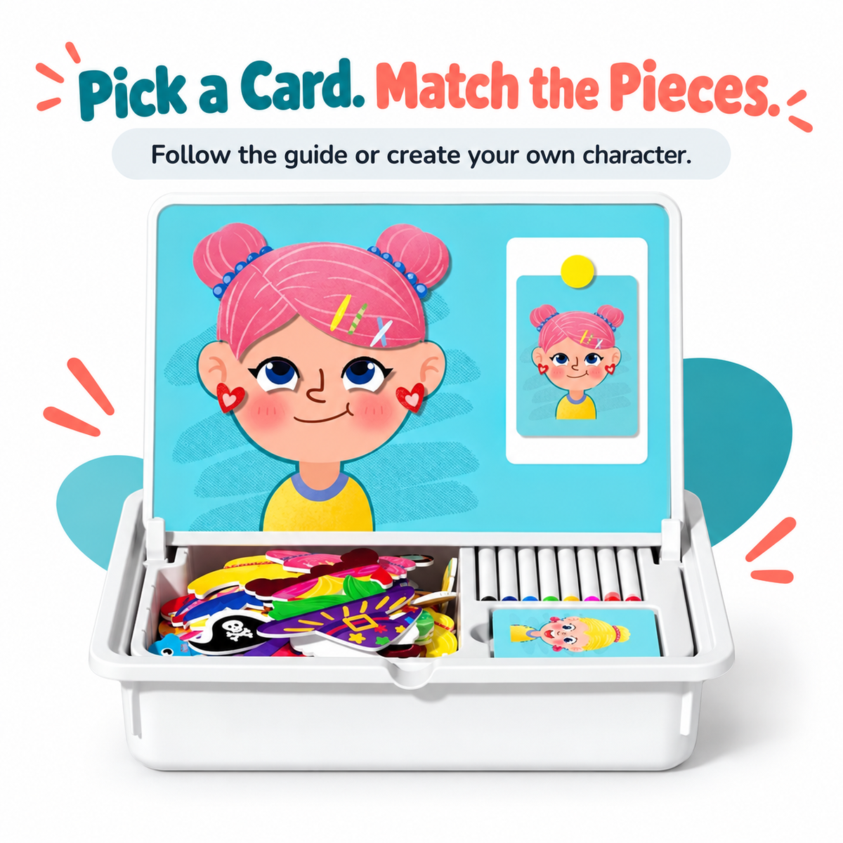 Hands matching magnetic puzzle pieces to a character card