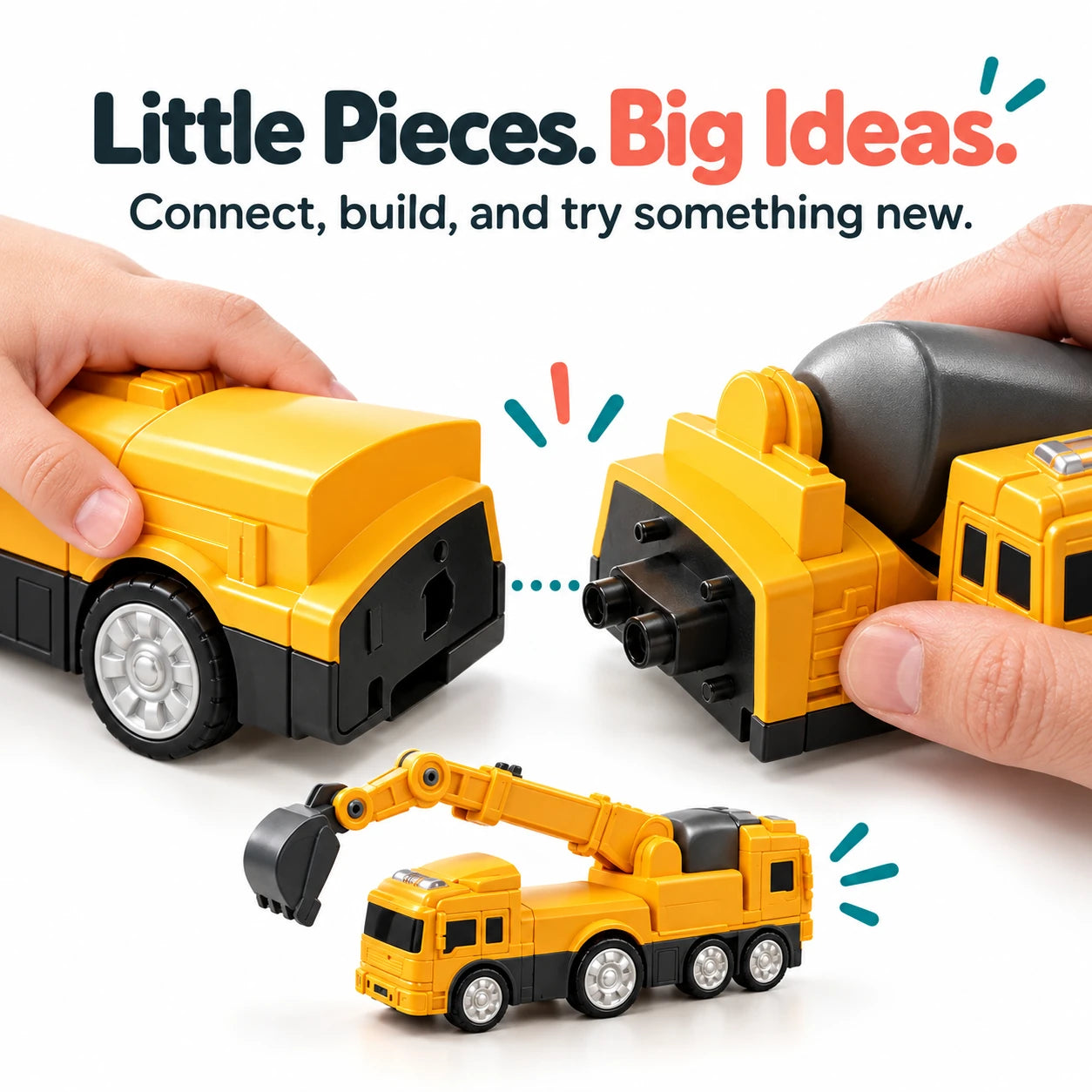Hands connecting yellow magnetic vehicle modules