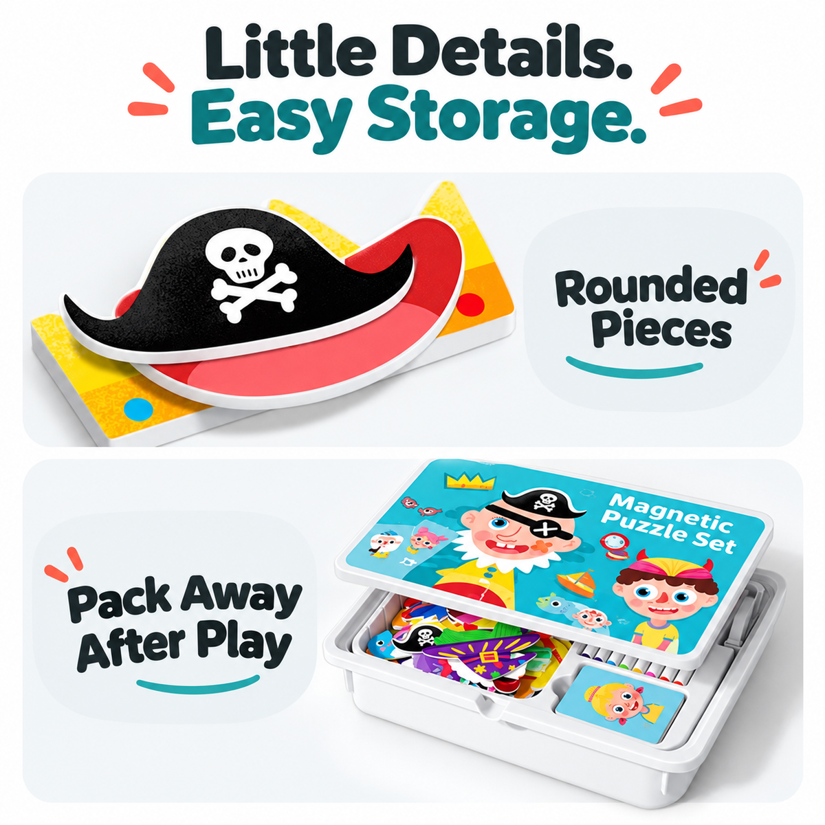 Magnetic puzzle pieces and markers packed in a white storage case