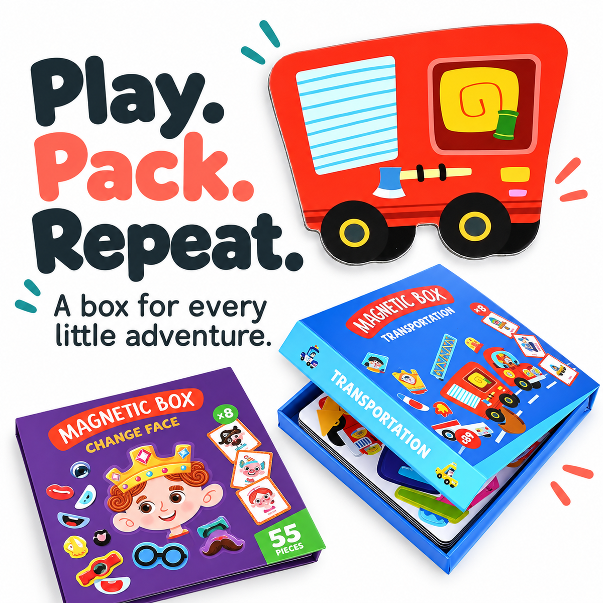 Book-style magnetic play boxes for storing pieces between play sessions